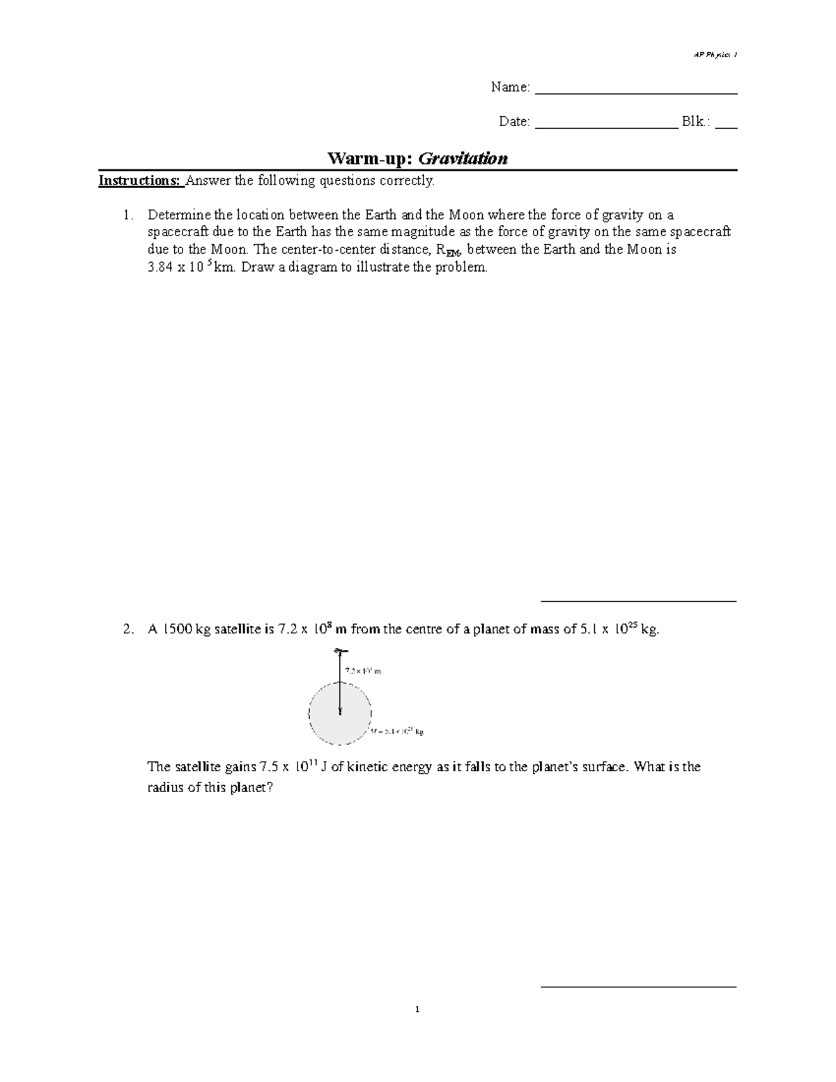 AP Physics 1 Warm-up: CM & Gravitation Problems (2025-2026) - Studocu