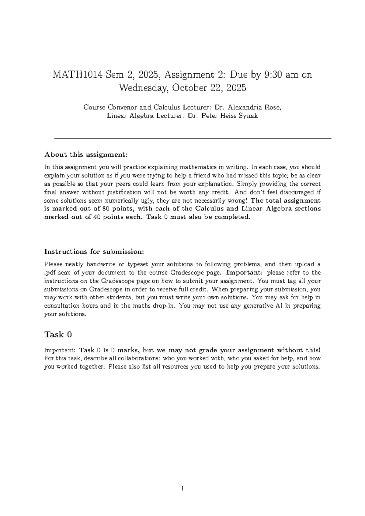 MATH1014 Sem 2, 2025: Assignment 2 Overview and Guidelines - Studocu
