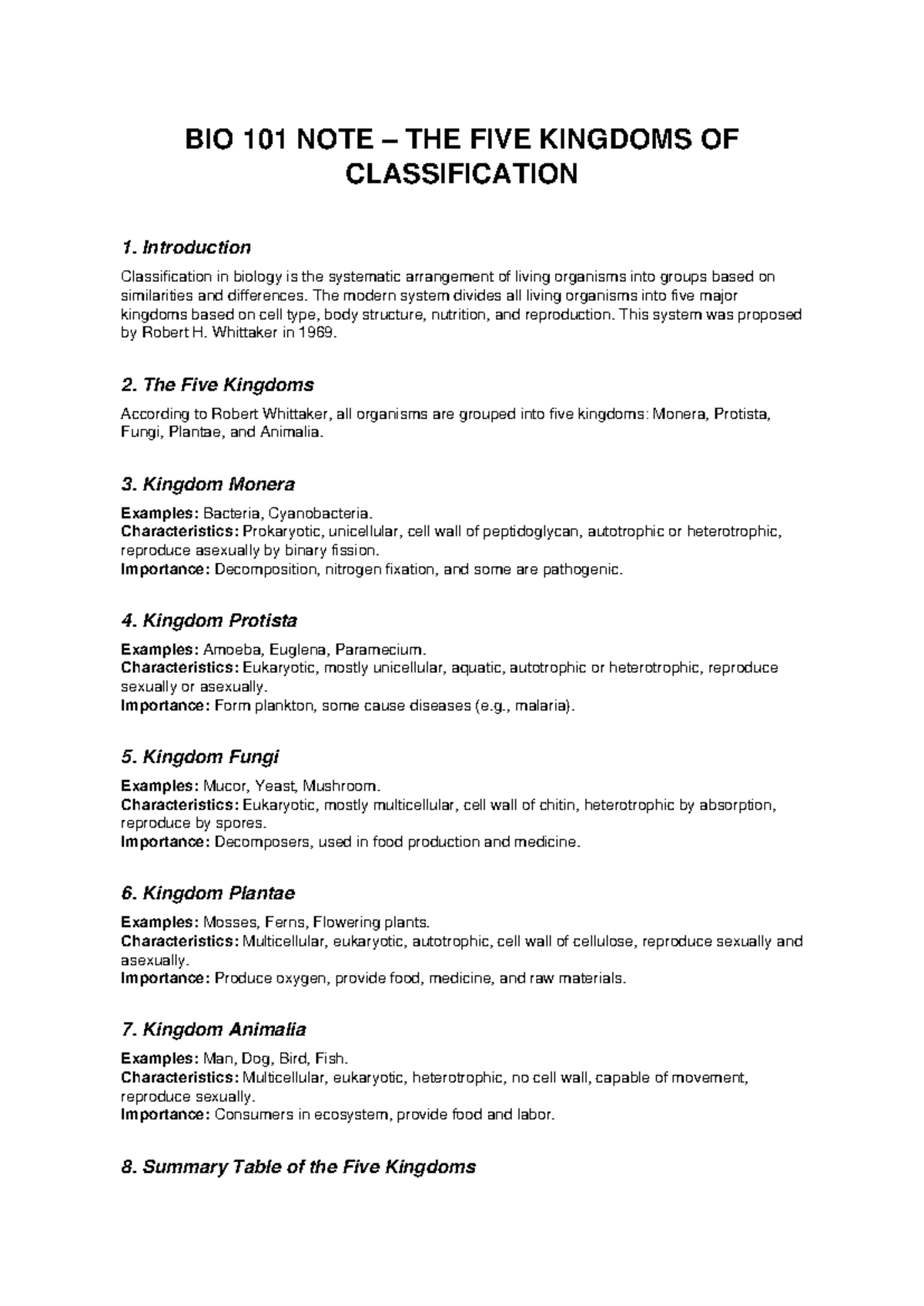 BIO 101 Lecture Notes: The Five Kingdoms of Classification - Studocu