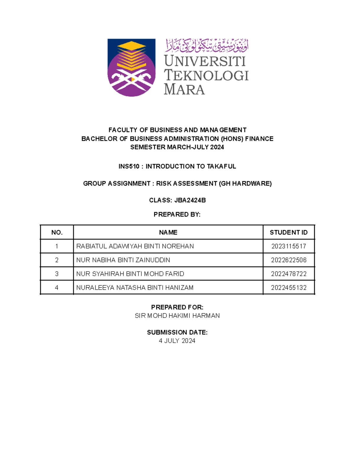 INS 20242 Lesson Plan & Group Assignment on Takaful (March 2024) - Studocu