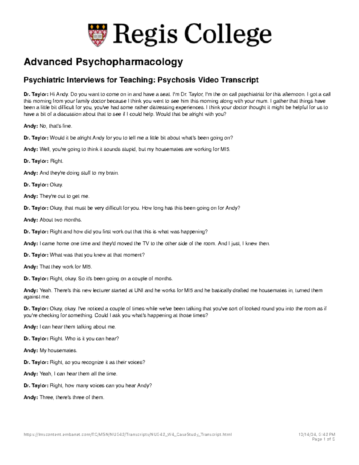 Psychiatric Interview Case Study (NU643): Psychosis Video Transcript ...