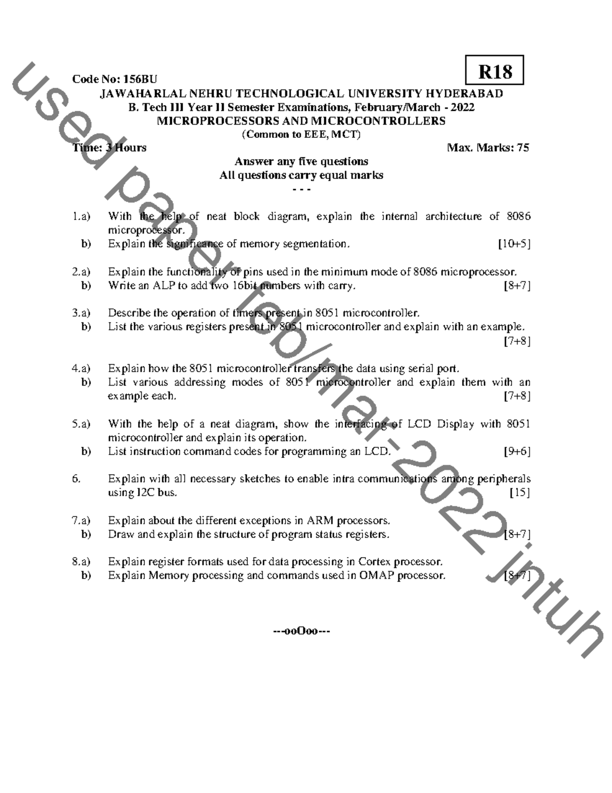 B. Tech II Sem Exam 2022: Microprocessors & Microcontrollers (R18 156BU ...