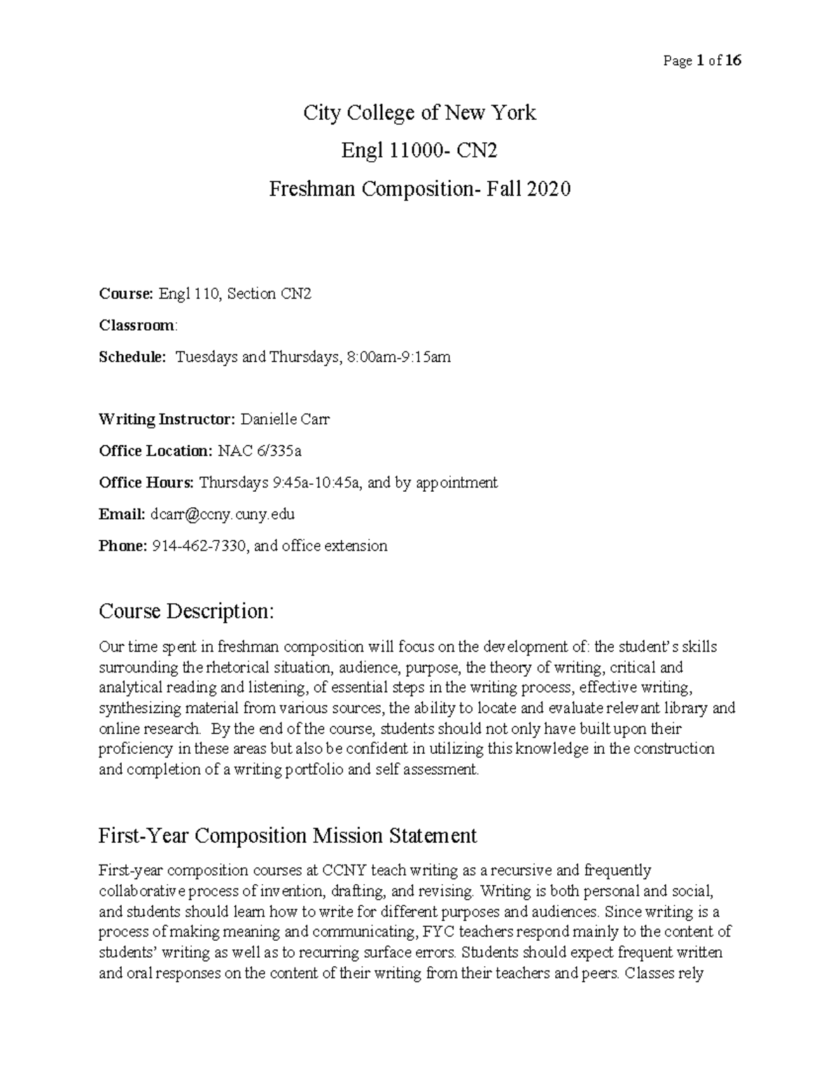 Engl 110 CN Fall 2020 Syllabus: Freshman Composition Guidelines - Studocu