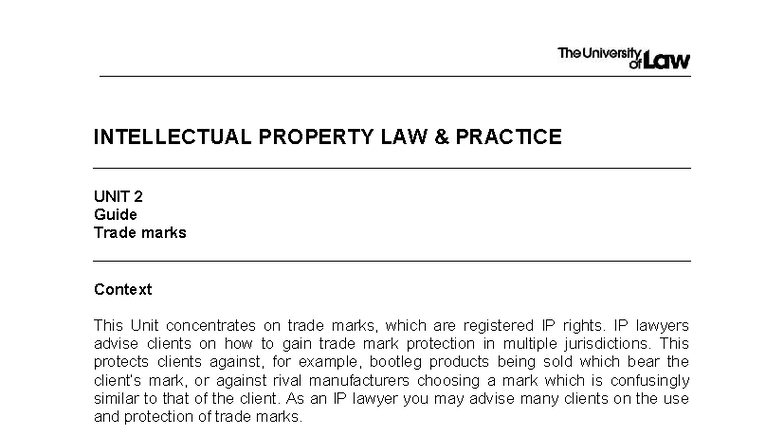 INTELLECTUAL PROPERTY LAW PRACTICE UNIT 2: Trade Marks Guide - Studocu