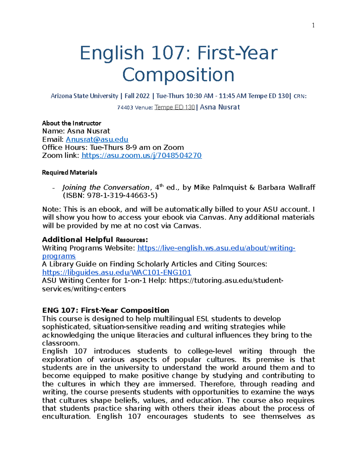 ENG 107 Syllabus: Overview of First-Year Composition Course - Studocu