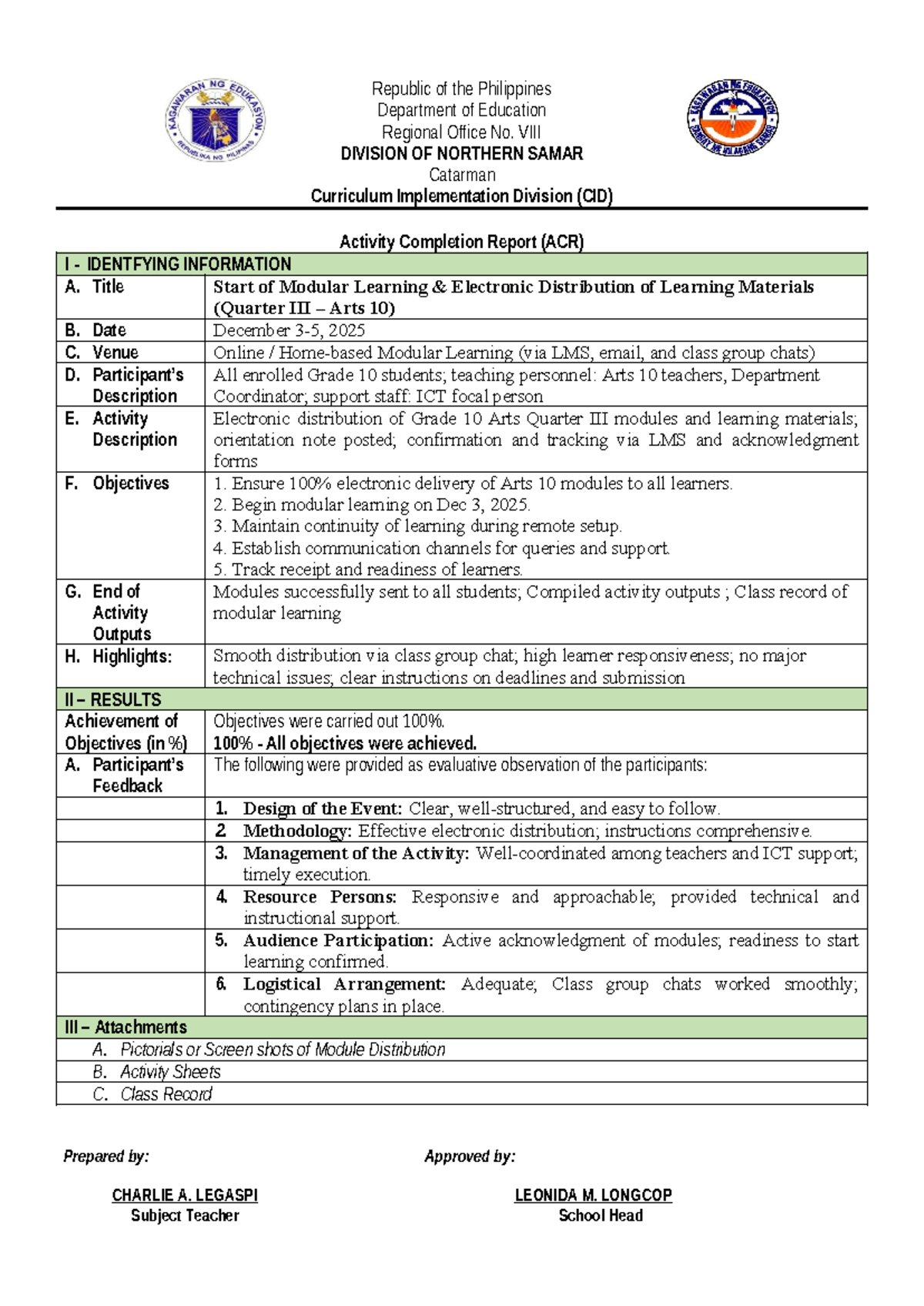 ACR: Modular Learning Implementation for Arts 10 (Dec 3, 2025) - Studocu