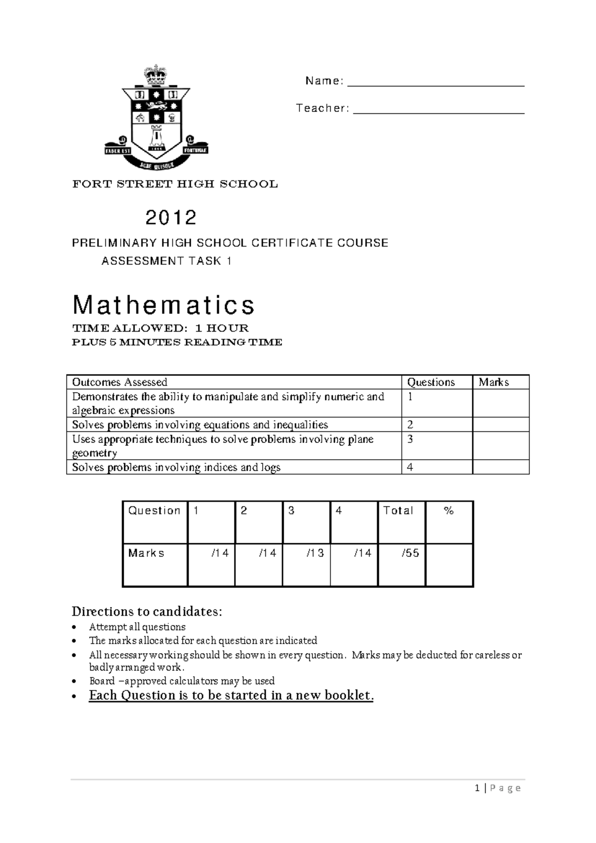 Fort St 2012 2U Prelim Math Assessment Task & Solutions - Studocu