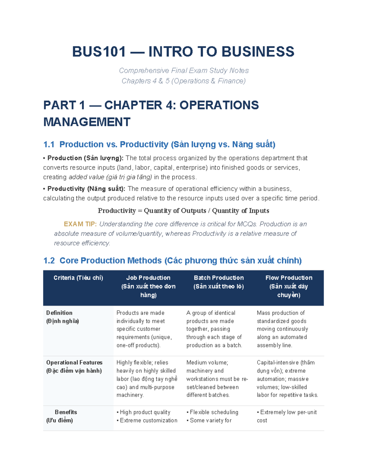 BUS101 Final Exam Study Notes: Ch. 4 & 5 (Operations & Finance) - Studocu