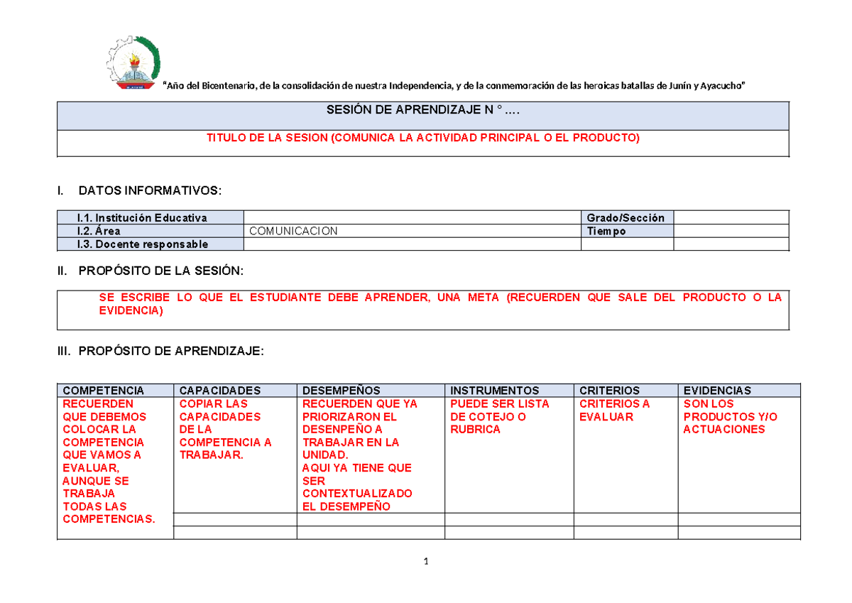 Formato de Sesión de Aprendizaje para Secundaria - Comunicación - Document Preview