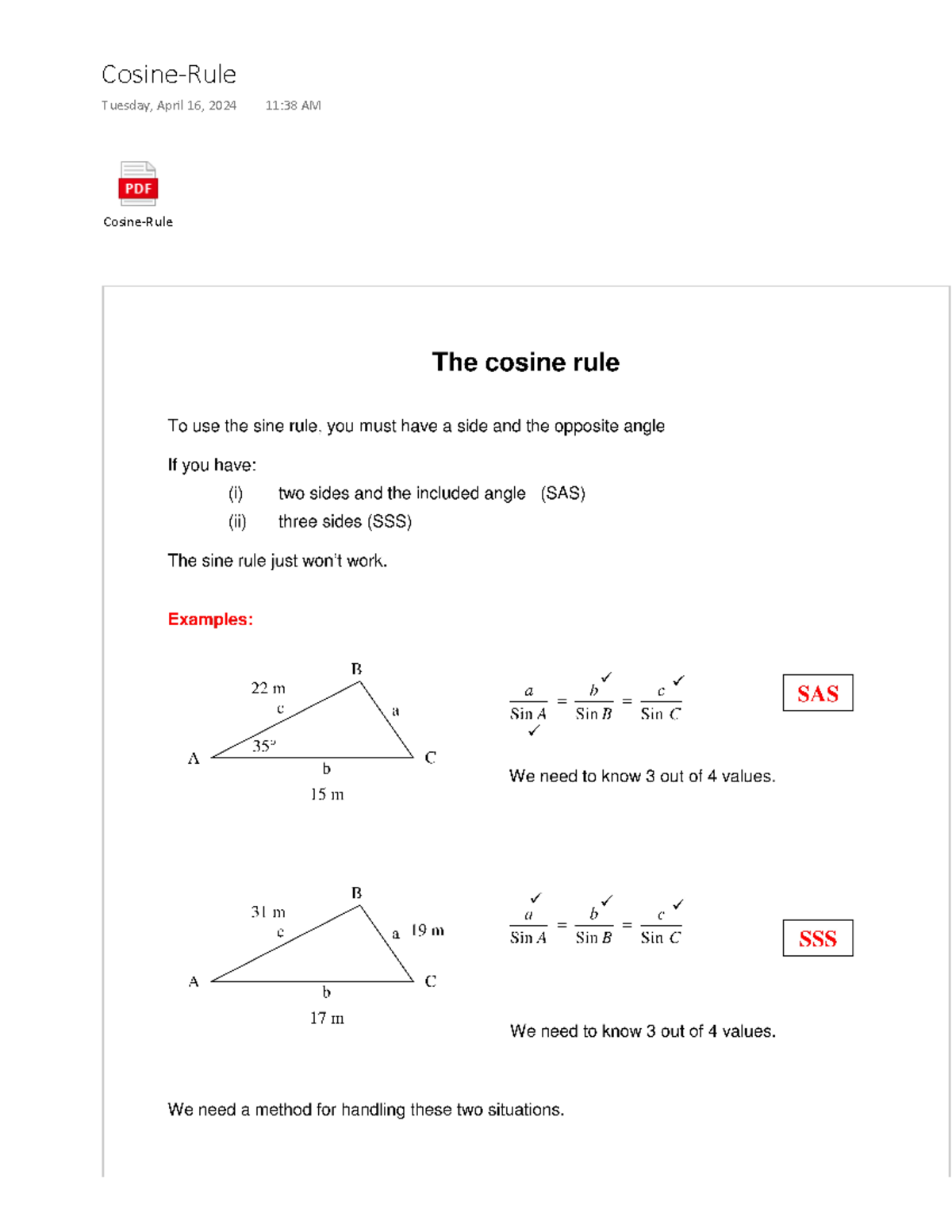 Cosine Rule Review for Inbound 3454401930938045 Lecture Notes - Studocu