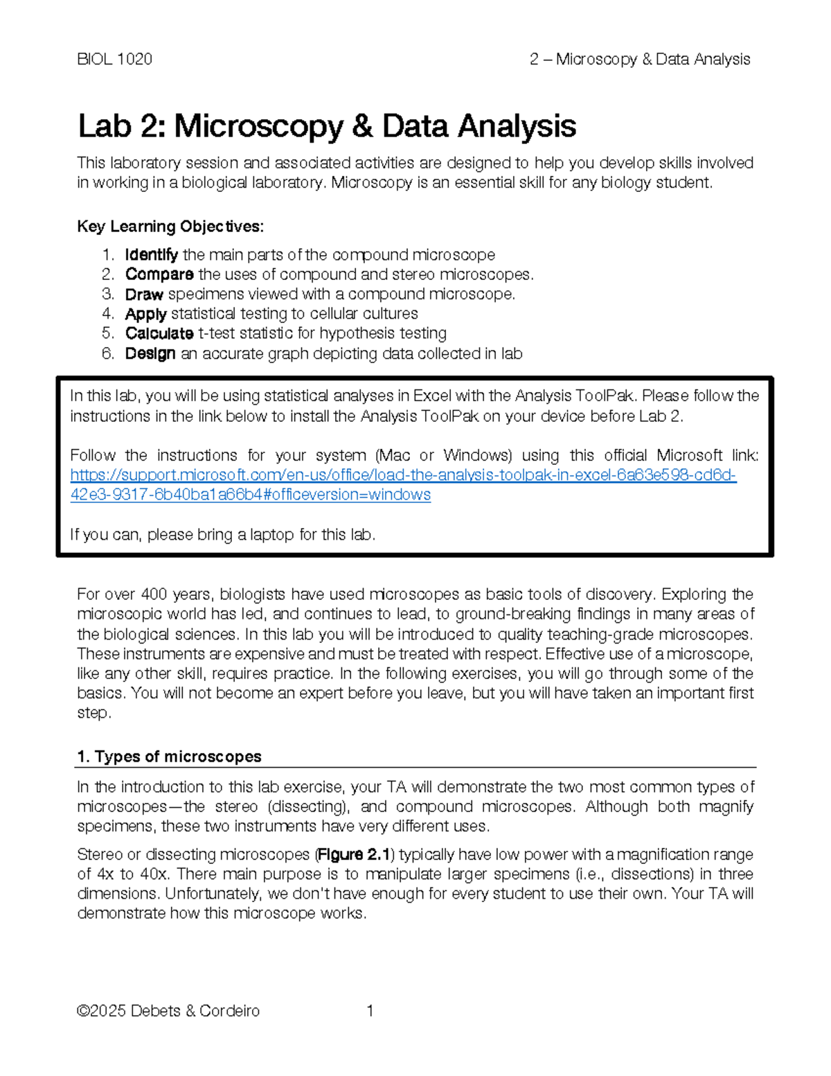 BIOL 1020 Lab 2: Microscopy Data Analysis & Statistical Techniques ...