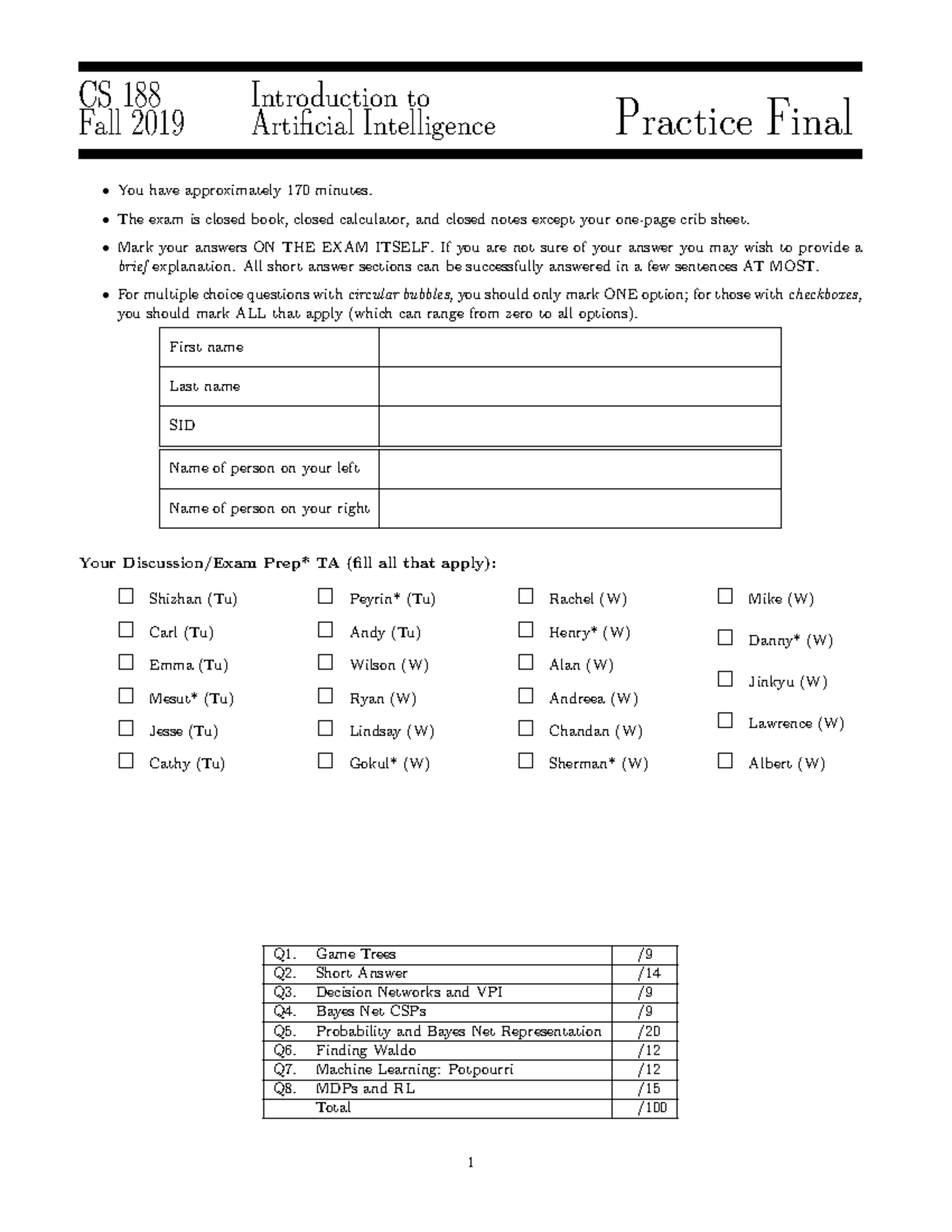 CS 188 Fall 2019 AI Practice Final Solutions - Studocu