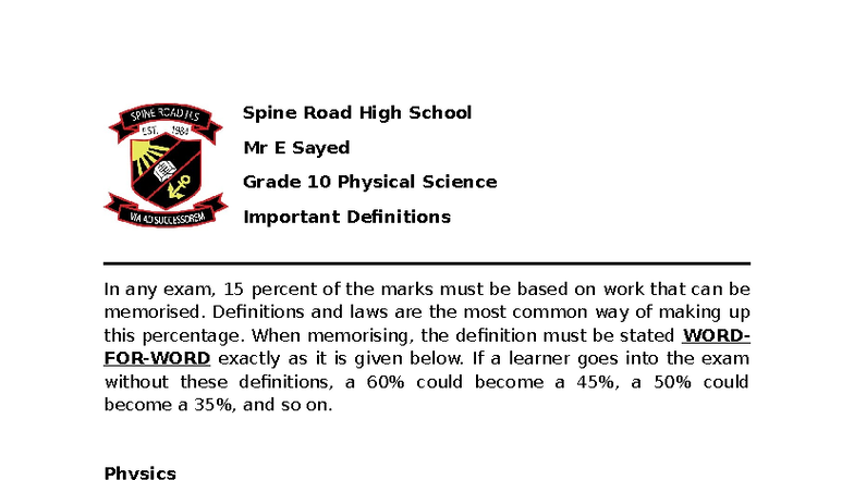Grade 10 Physical Science Definitions - Important Terms for Exams - Studocu