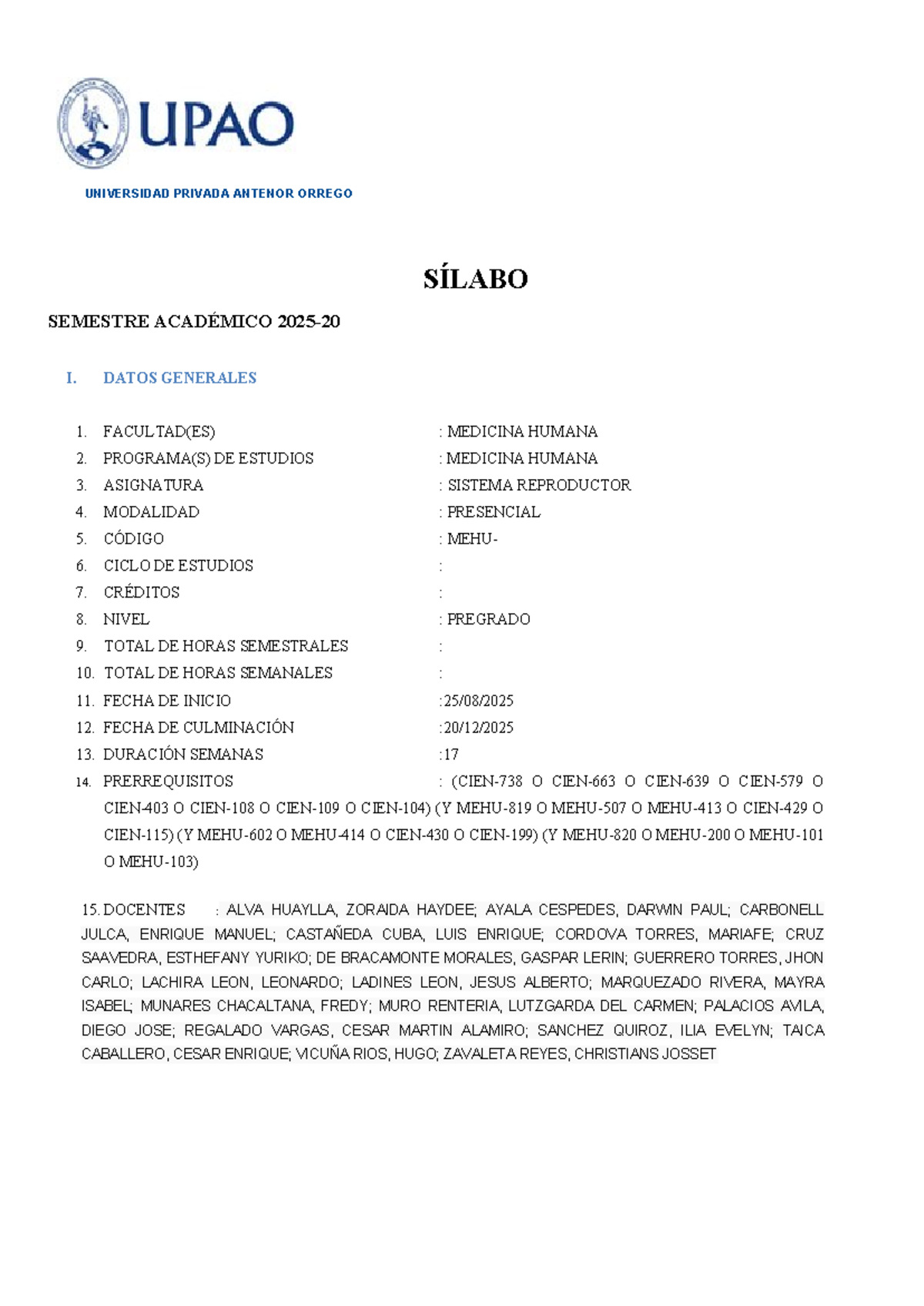 Sílabo del Curso de Sistema Reproductor - Medicina Humana 2025-20 - Document Preview