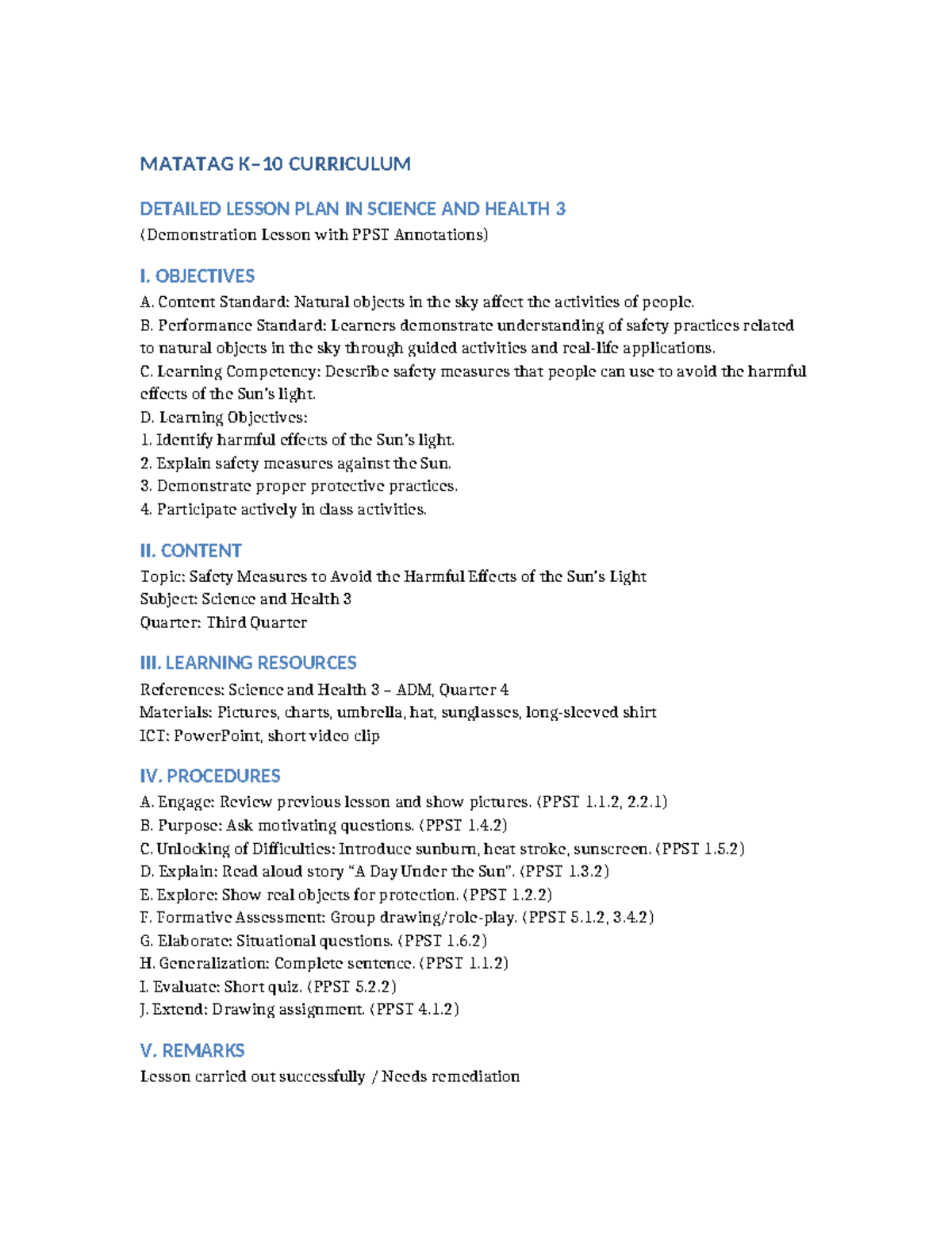 Science and Health 3 Detailed Lesson Plan: Safety Measures Against ...