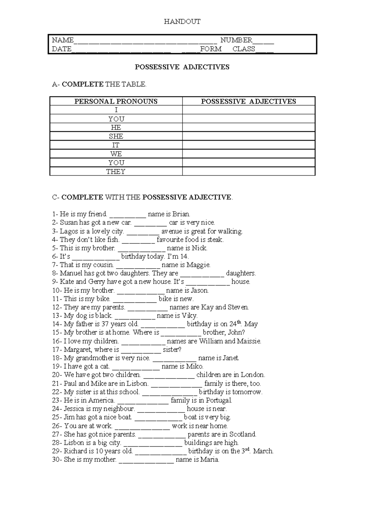 ENG 101: Possessive Adjectives Handout and Exercises - Studocu