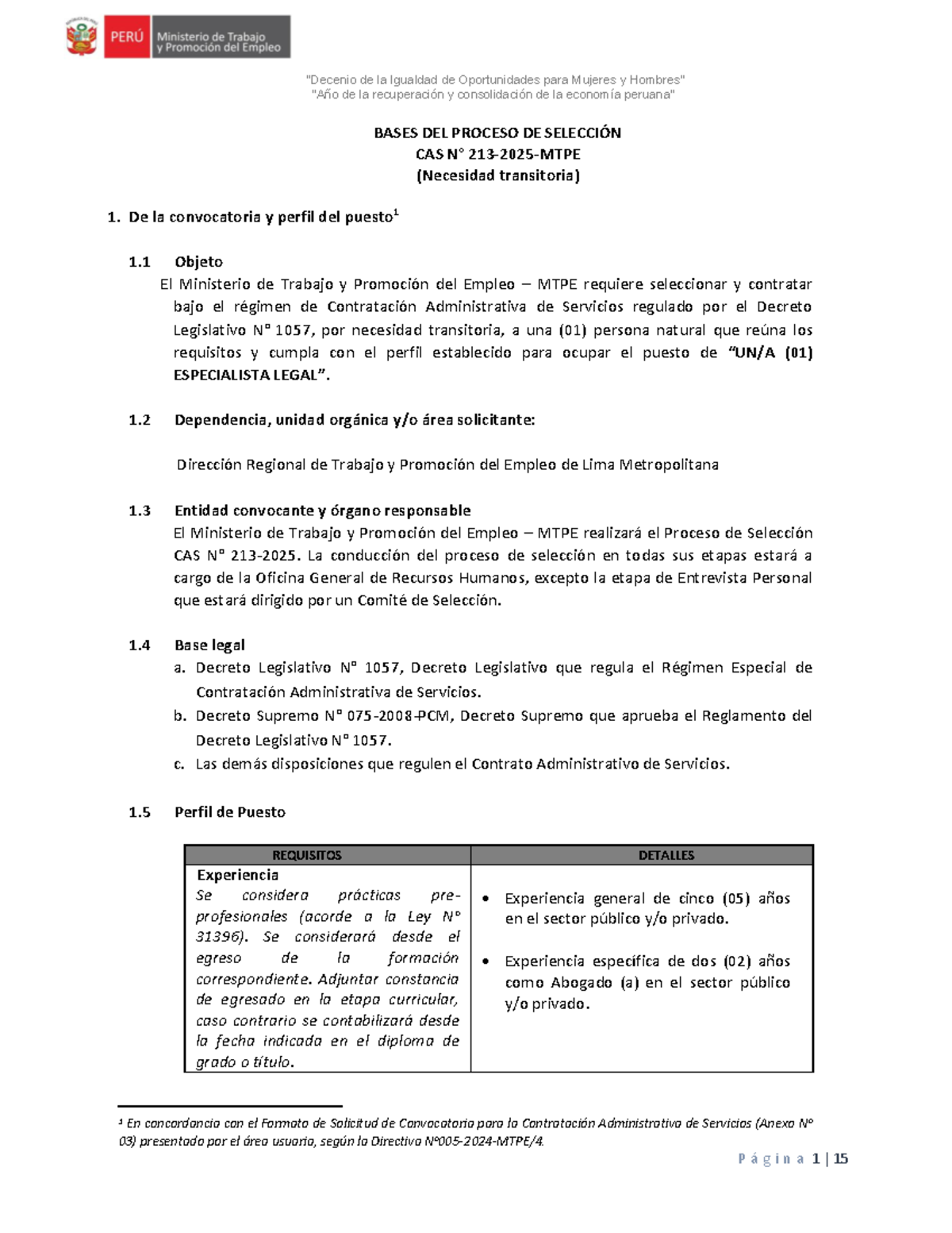 Bases del Proceso de Selección CAS 2025 - Especialista en Derecho - Studocu