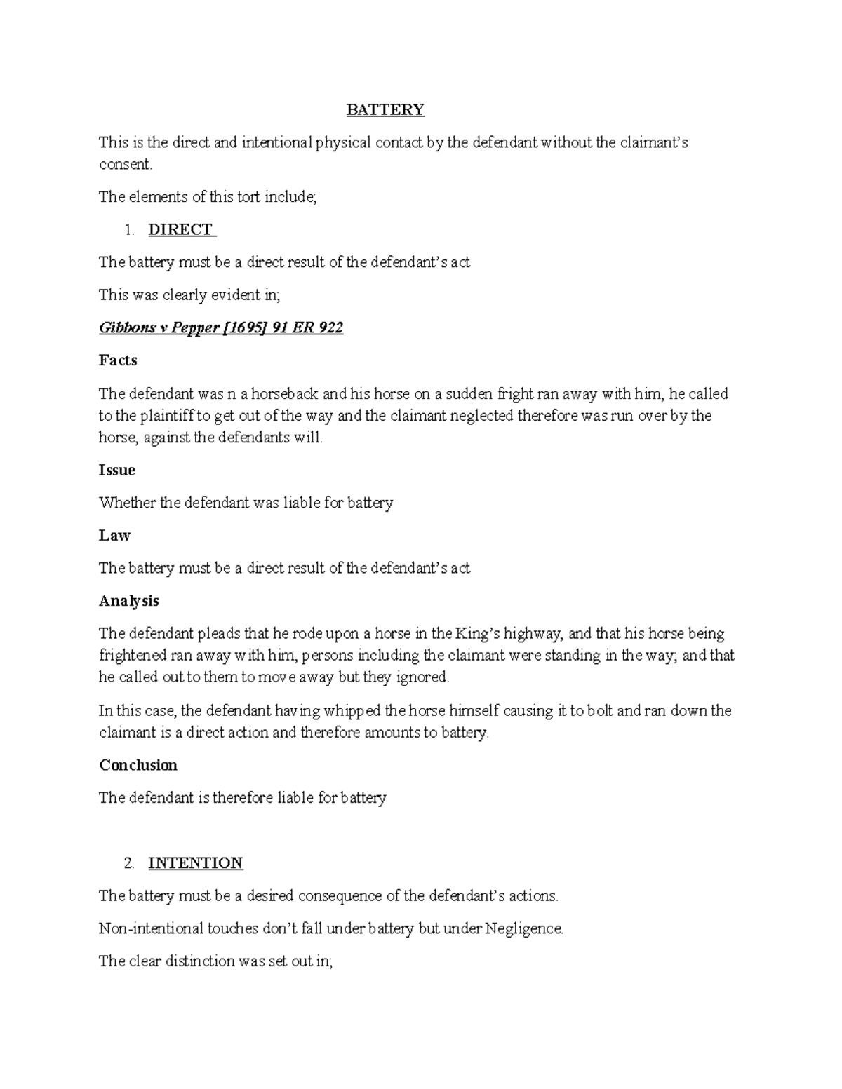 Law of Tort: Battery - Key Elements & Case Analysis - Studocu