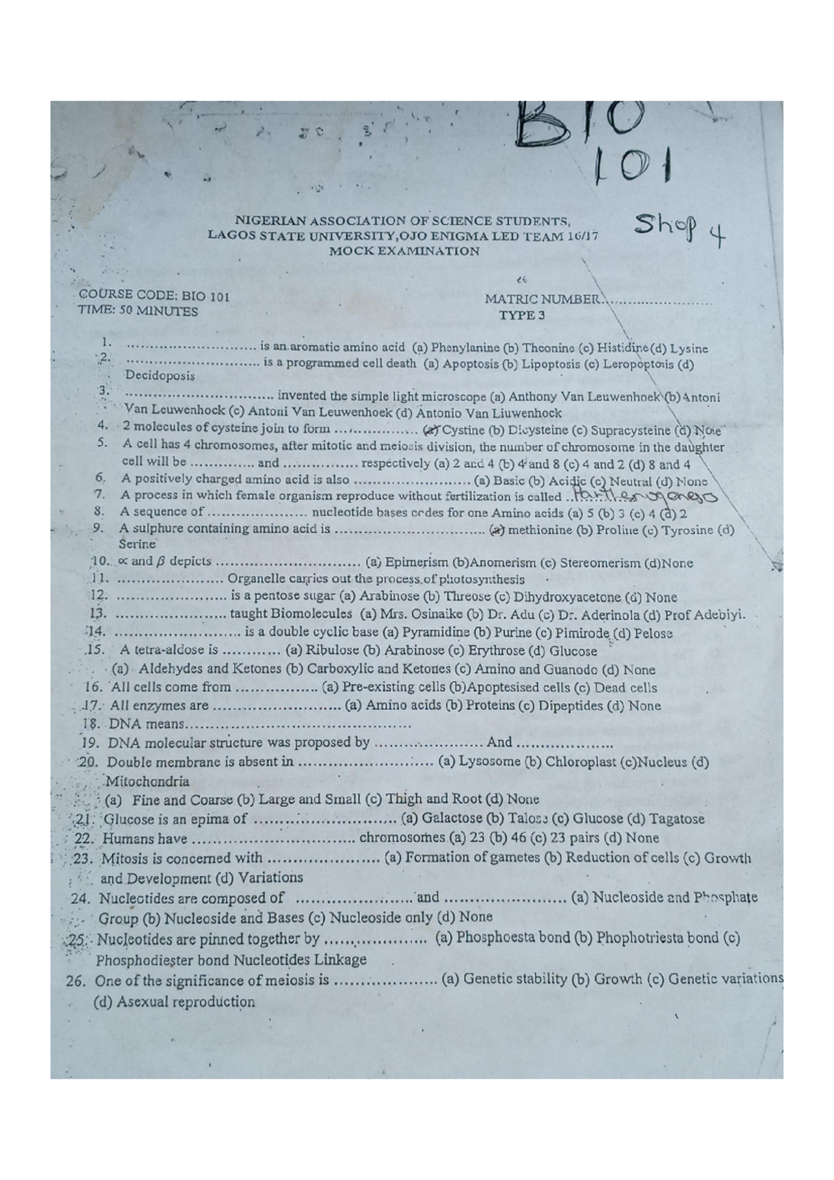 BIO 101 FIRST SEMESTER MOCK EXAMINATION QUESTIONS - Studocu