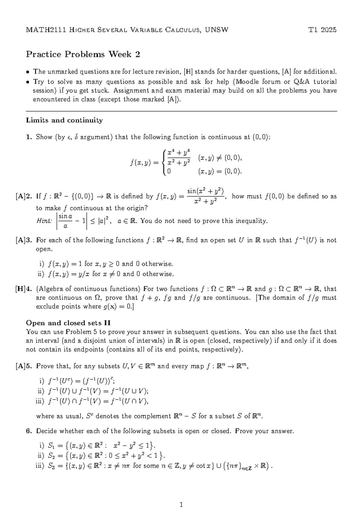 Higher Several Variable Calculus, UNSW T1 2025 Problem Sheet 2 - Studocu
