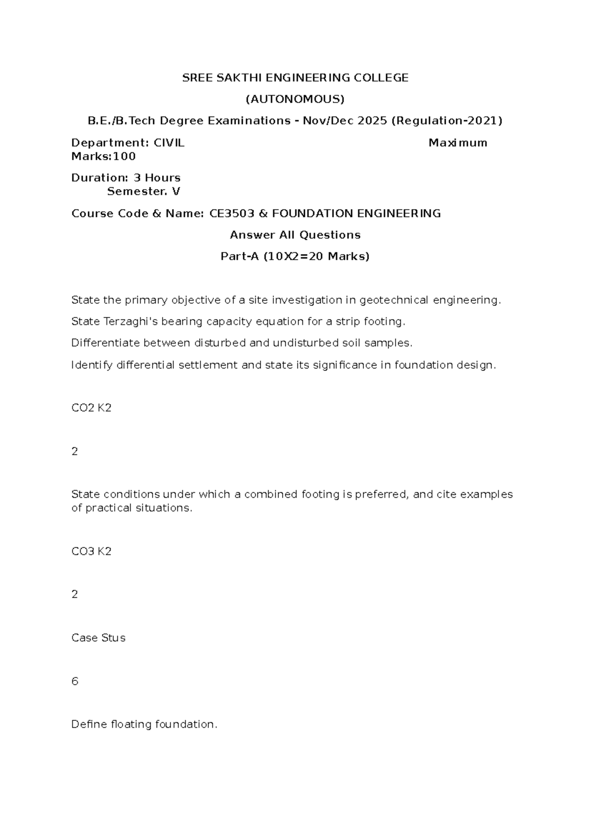 CE3503 Foundation Engineering - Degree Exam Questions 2025 - Studocu