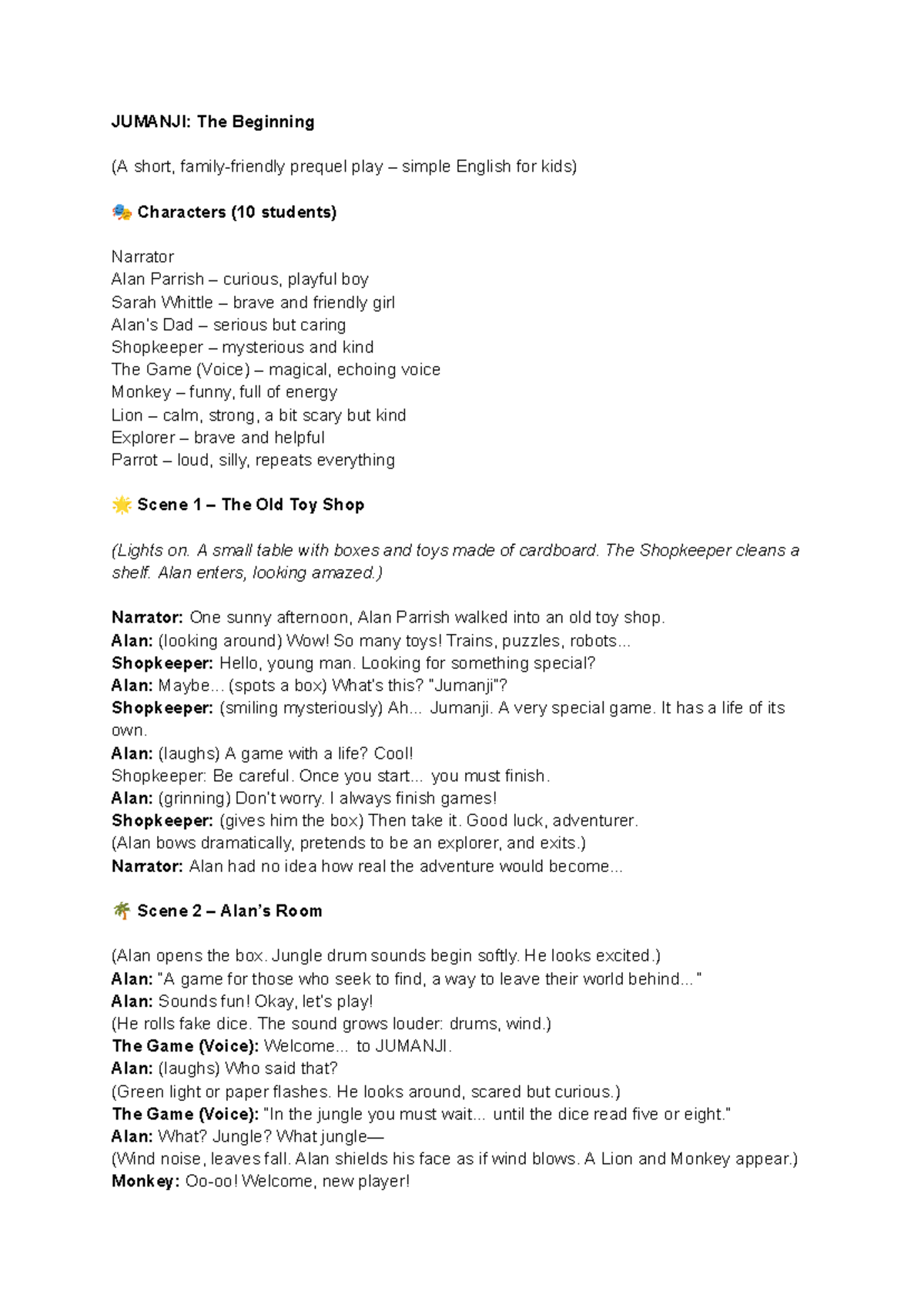 JUMANJI: The Beginning - A Short Play Script for Kids - Studocu