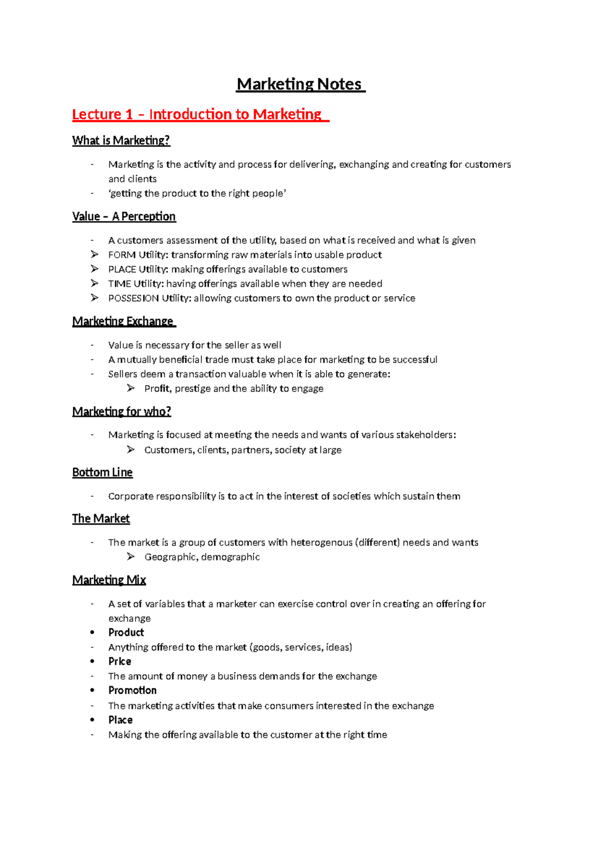 Marketing Notes: Lecture 1 - Introduction to Marketing Concepts - Studocu