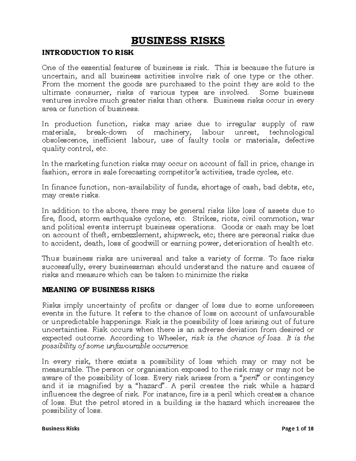 6 Business RISK - reading material - BUSINESS RISKS INTRODUCTION TO ...