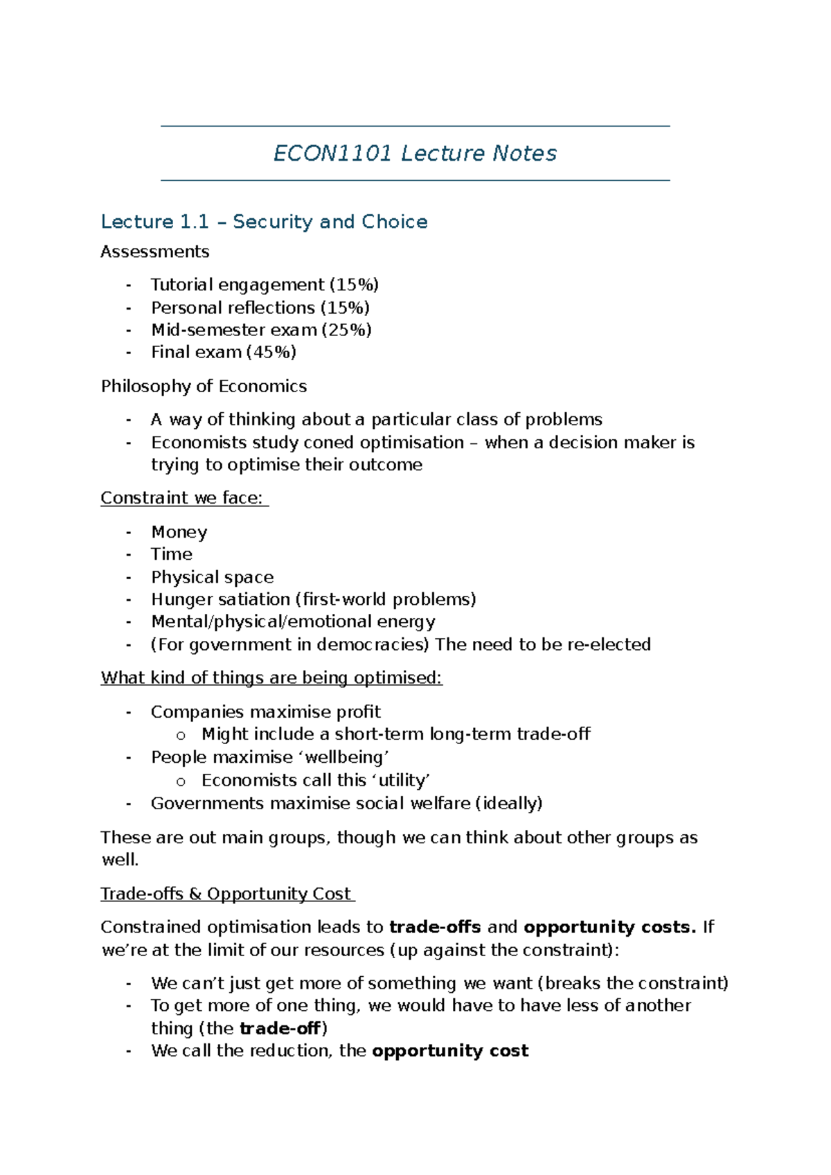 ECON1101 Lecture Notes - ECON1101 Lecture Notes Lecture 1 – Security ...