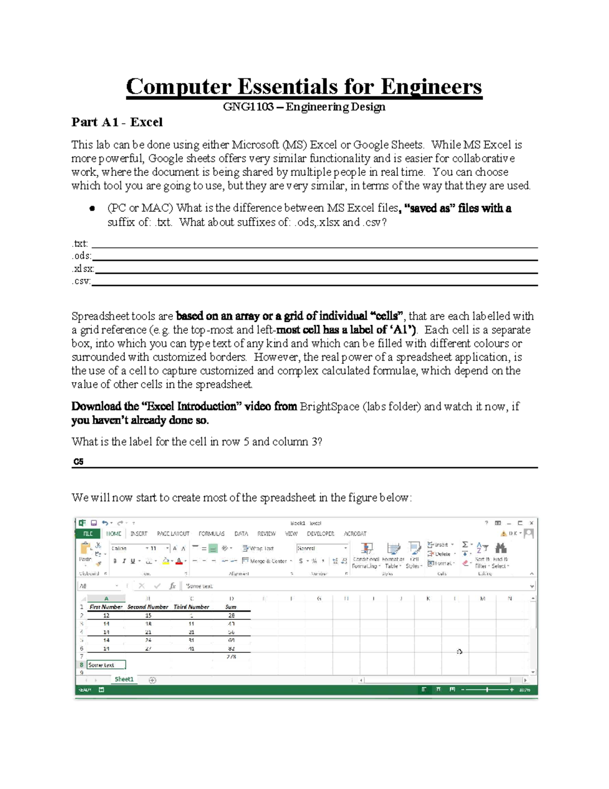 GNG 1103 Lab 1 - Microsoft Excel Essentials for Engineers - Studocu