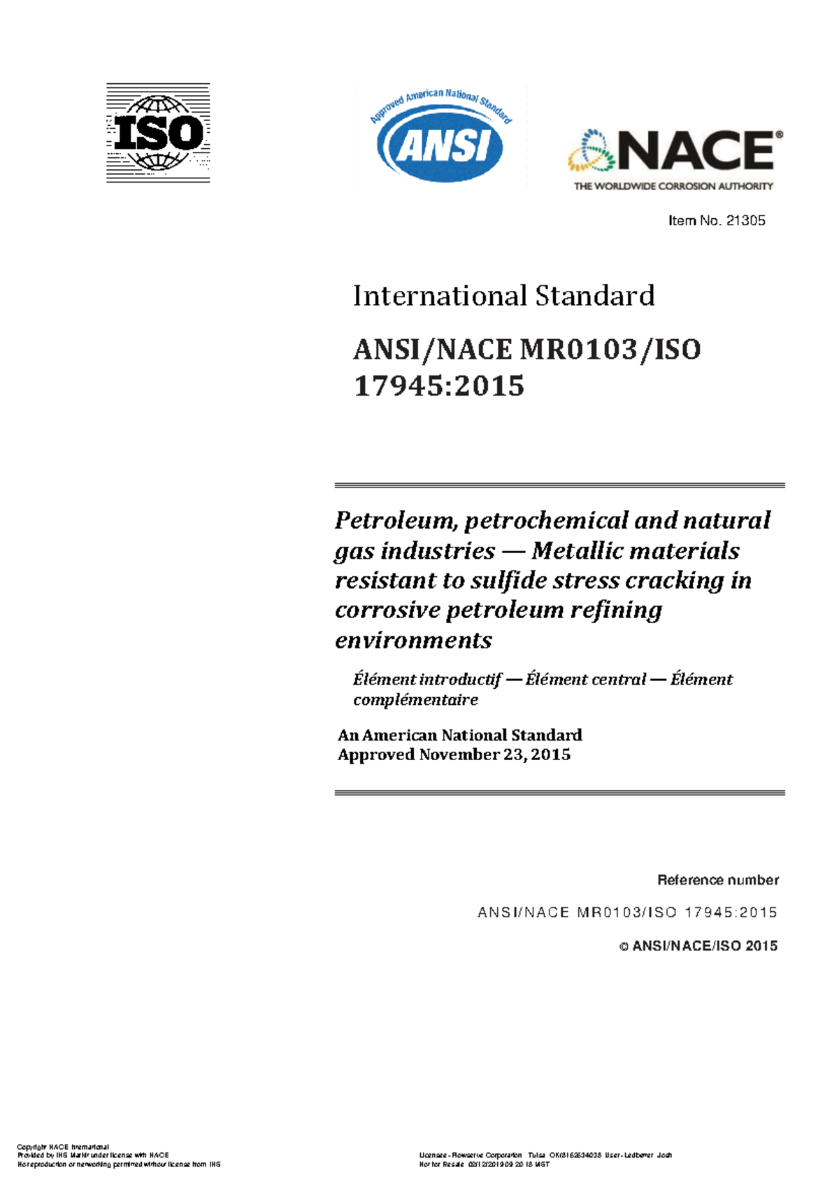 NACE MR0103 - Metallic Materials for Sour Service in Refining - Studocu