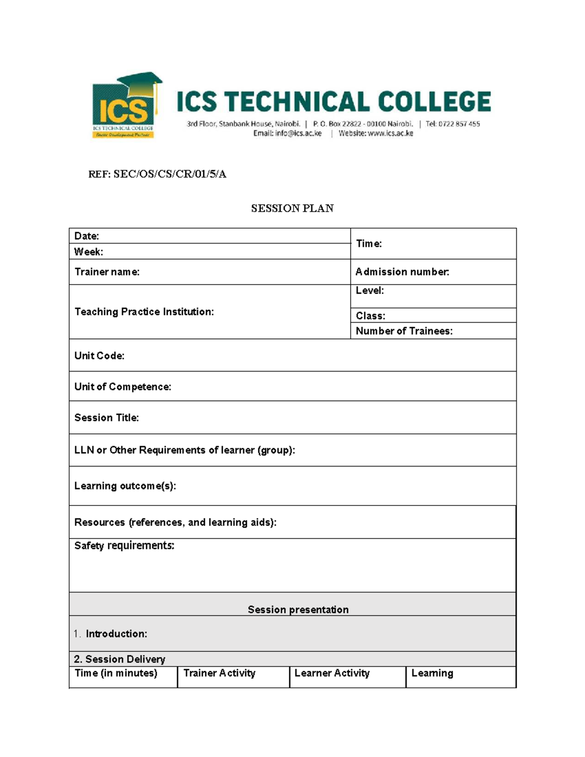 A Sample OF Session PLAN - REF: SEC/OS/CS/CR/01/5/A SESSION PLAN Date ...