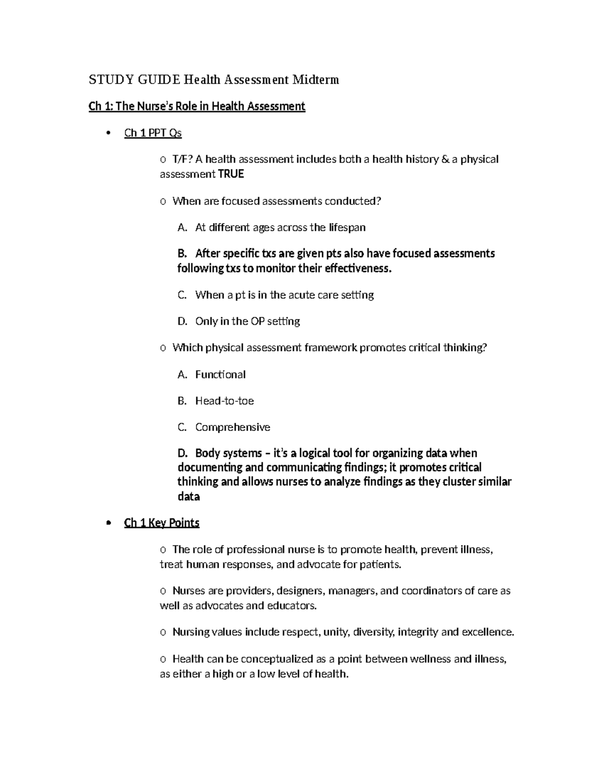 Health Assessment Midterm Study Guide (NURS 101) - Studocu