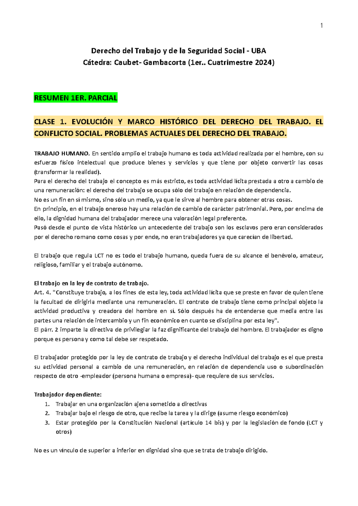 Resumen del 1er Parcial de Derecho del Trabajo y Seguridad Social UBA ...