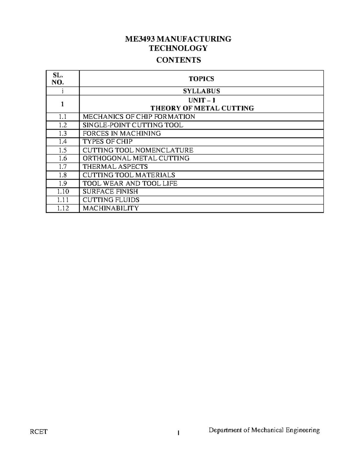 ME3493 Manufacturing Technology: Comprehensive Course Syllabus and ...