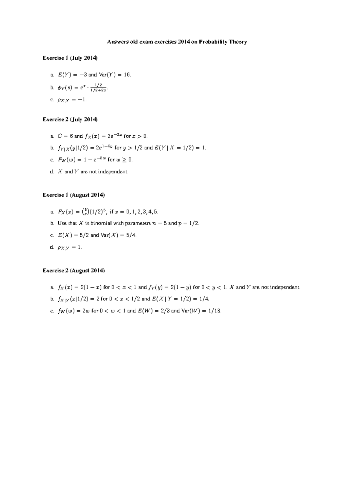 Answers to Old Exam Questions: Probability Theory (2014-2015) - Studeersnel