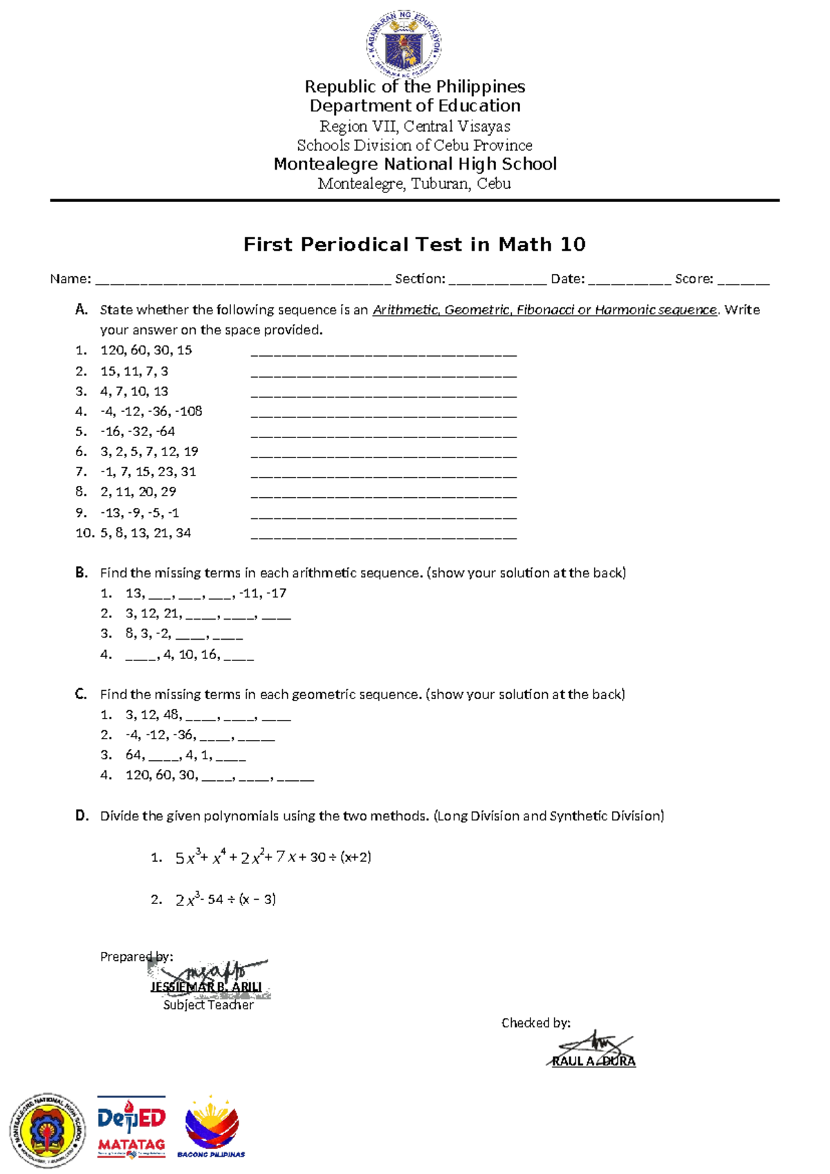 Math 10 1st Quarter Periodical Test - Complete Exercises & Solutions ...