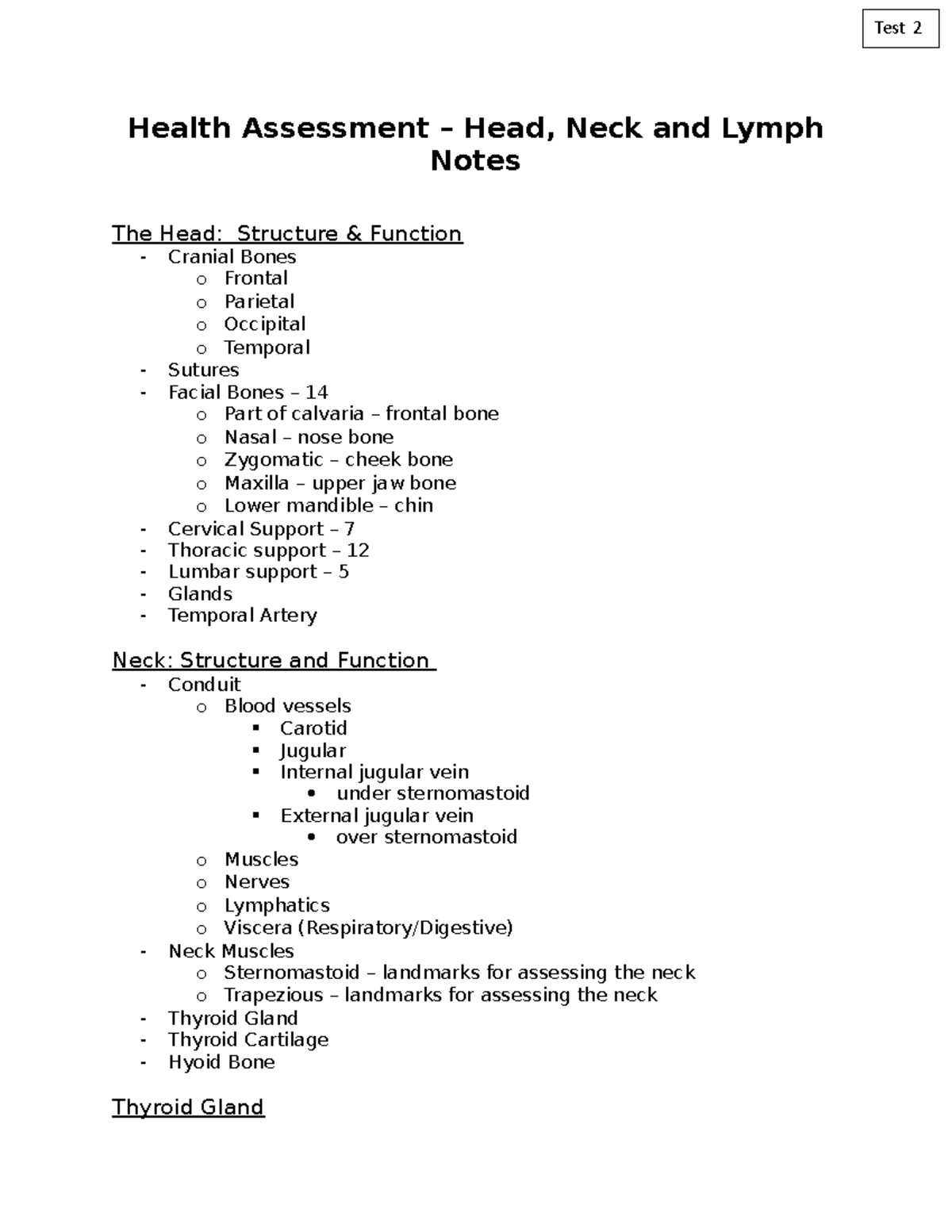 Health Assessment Notes - Test 2: Head, Neck & Lymphatic System - Studocu