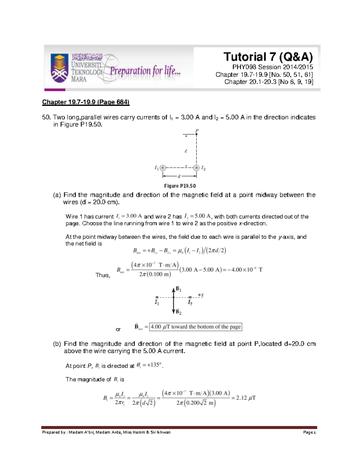 PHY098 Tutorial 7 Solutions: Magnetic Fields and Flux Calculations ...