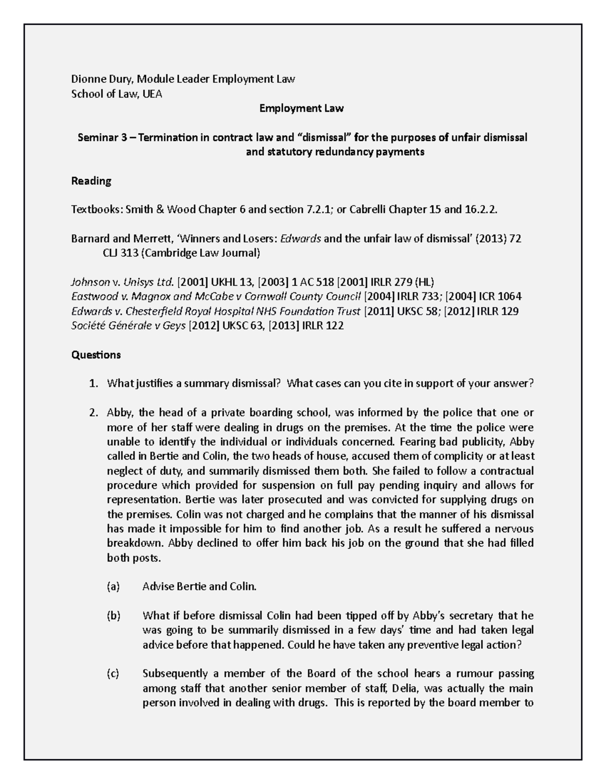 Seminar 3: Termination & Unfair Dismissal in Employment Law (LAW123 ...