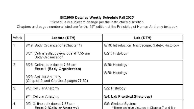 BIO2600 Weekly Schedule & Exam Dates - Fall 2025 - Studocu