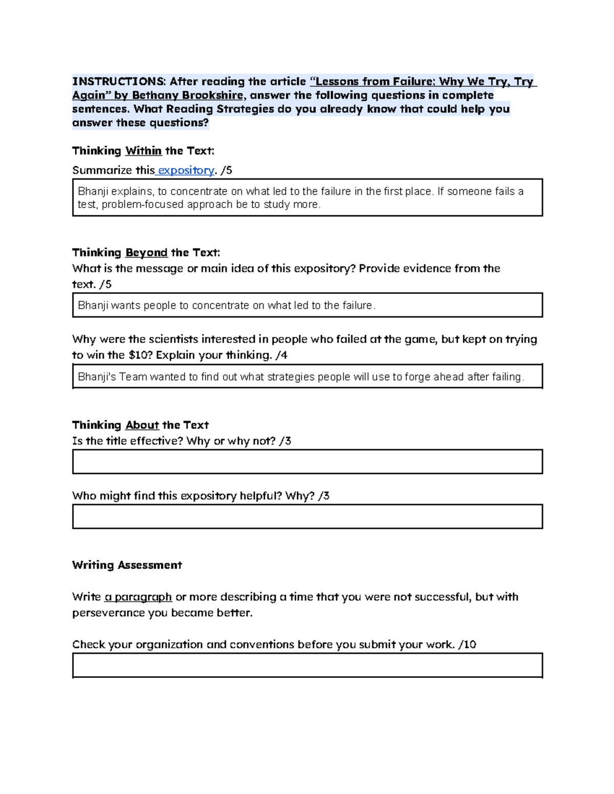 1.5 Non-Fiction Reading Assessment (Questions) - INSTRUCTIONS: After ...