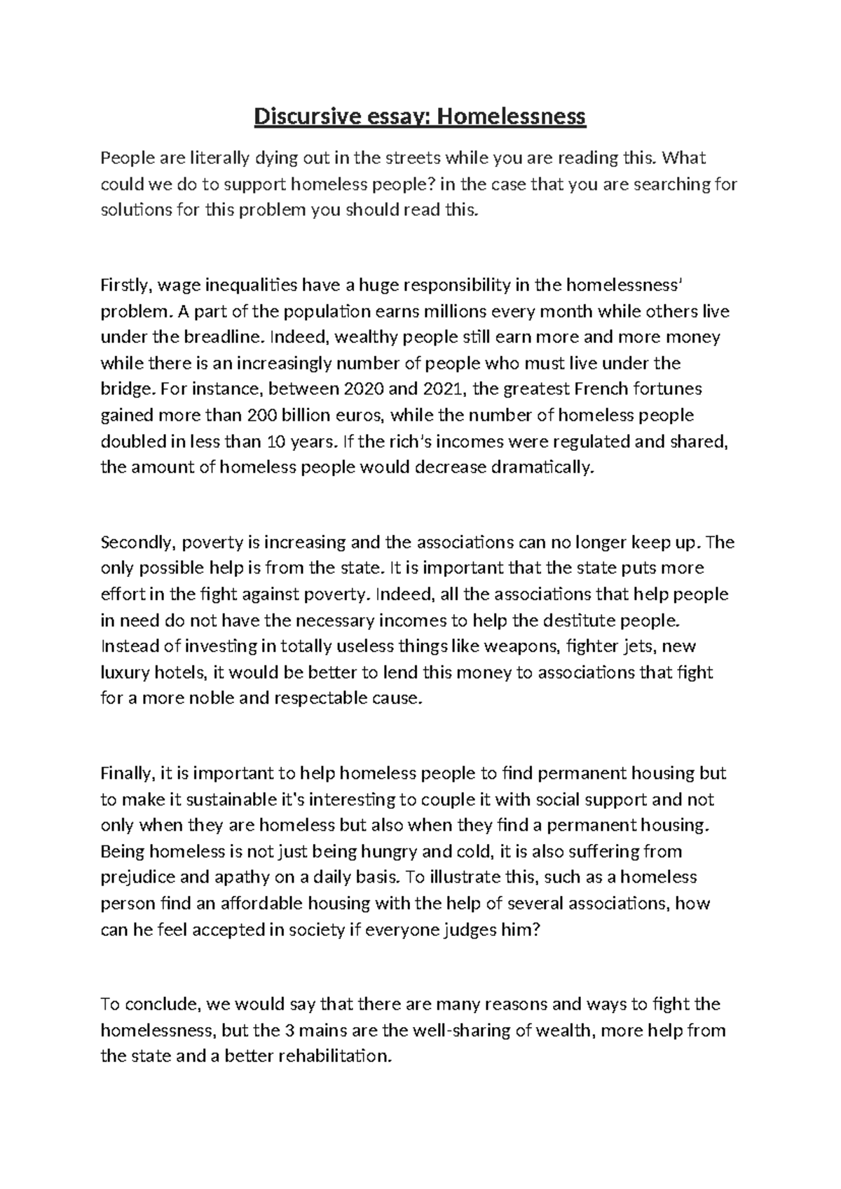 Discursive Essay on Homelessness: Inequalities & Solutions - Studocu