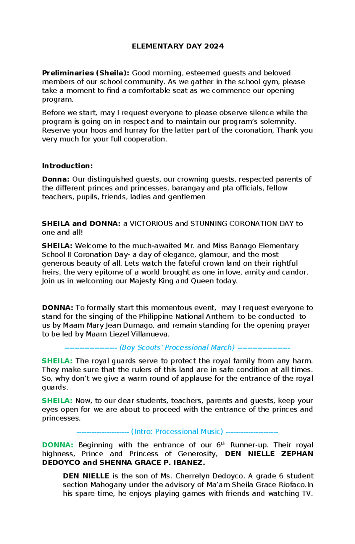 ELEMENTARY DAY 2024 Emcee Script for Coronation Ceremony - Studocu