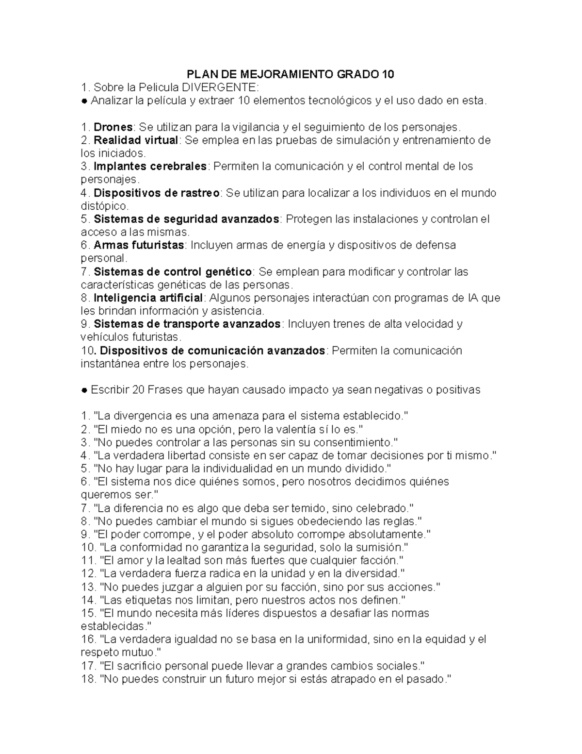 PLAN DE MEJORAMIENTO GRADO 10: Análisis de DIVERGENTE y su Tecnología ...