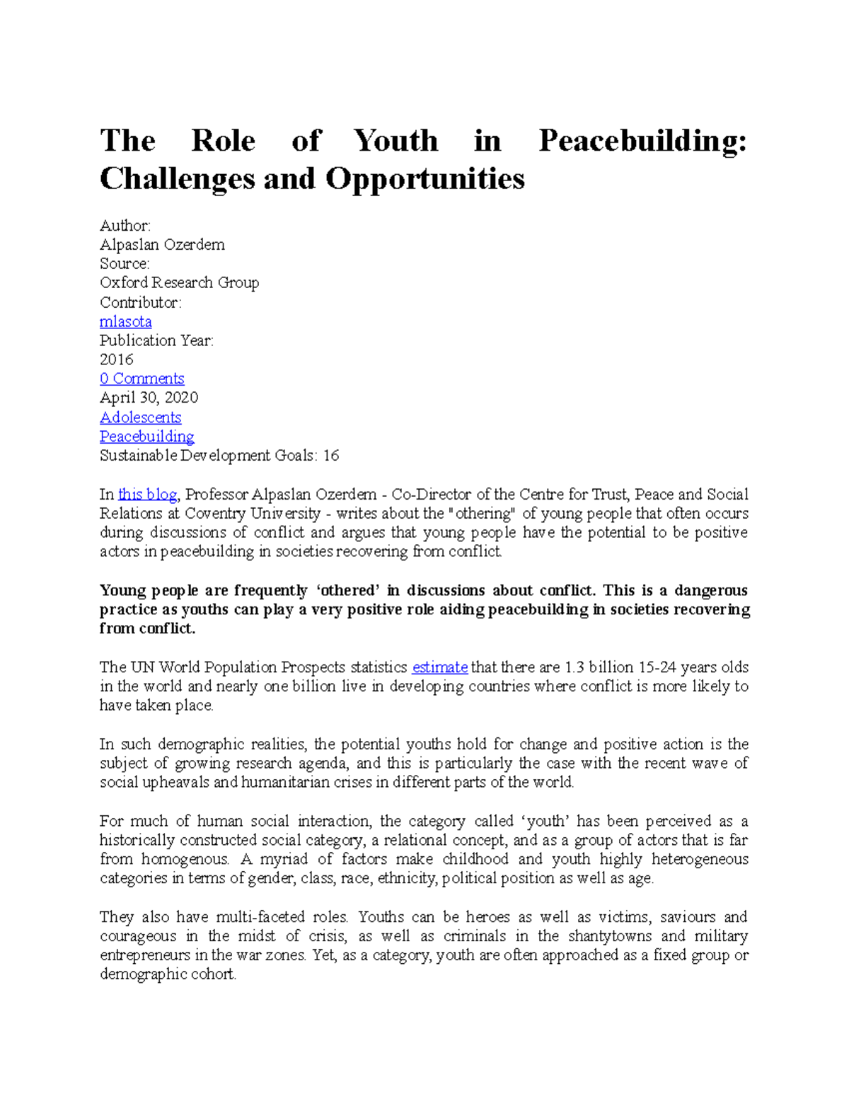 Youth in Peacebuilding: Navigating Challenges & Opportunities - Studocu