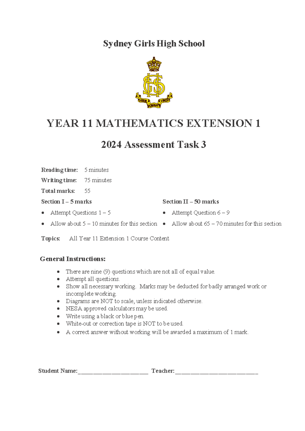 2024 Y11 Mathematics Extension 1 Assessment Task 3 Overview - Studocu