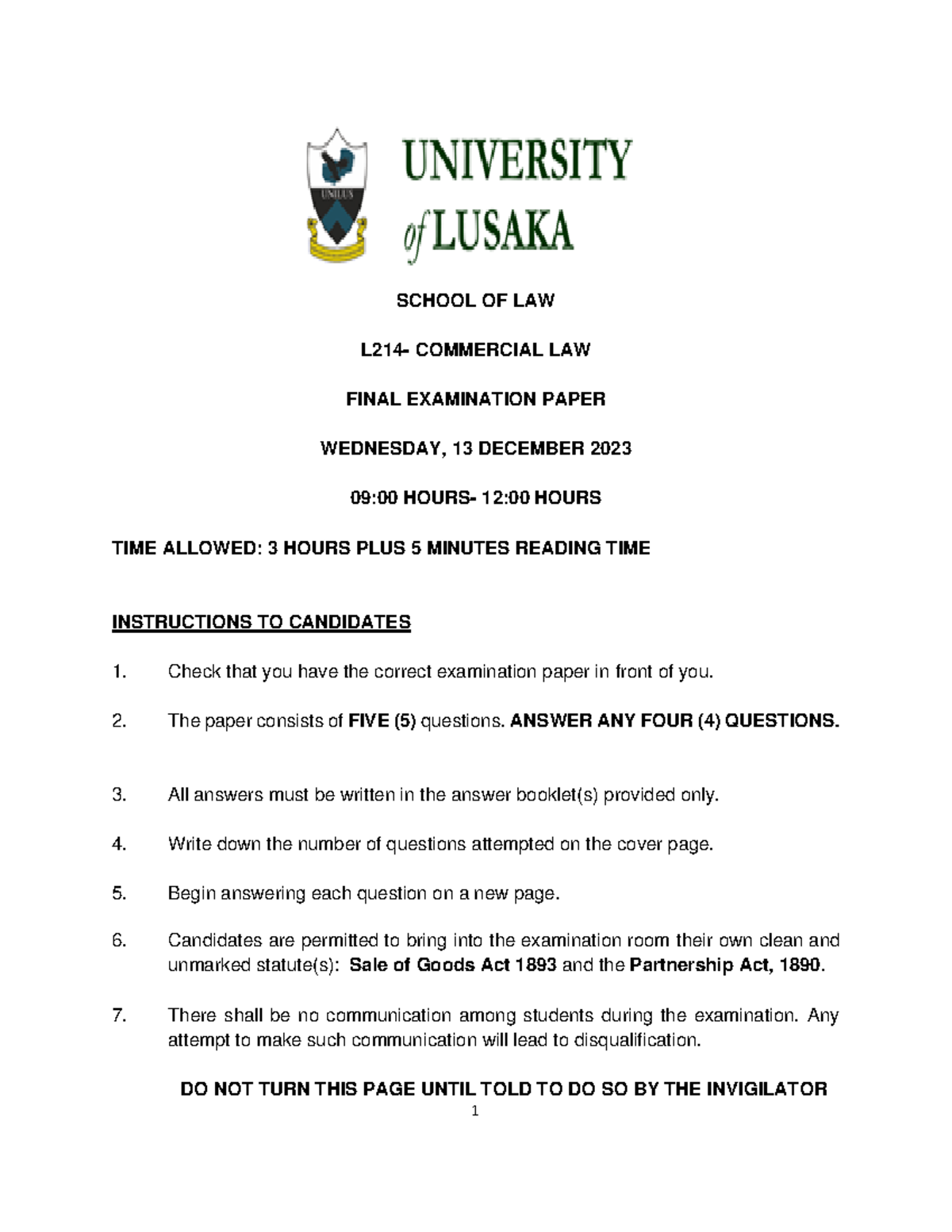 L214 2023 Sem 2 Final Exam: Commercial Law – Exam Instructions & Qs ...