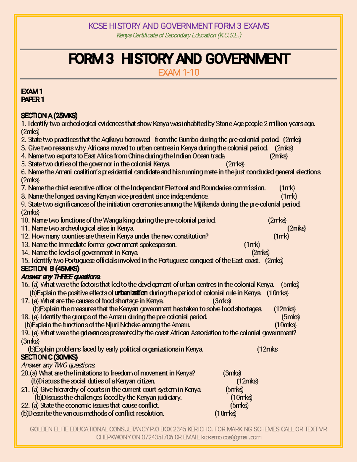 KCSEHI Form 3 History Mock Exam Questions and Answers - Studocu