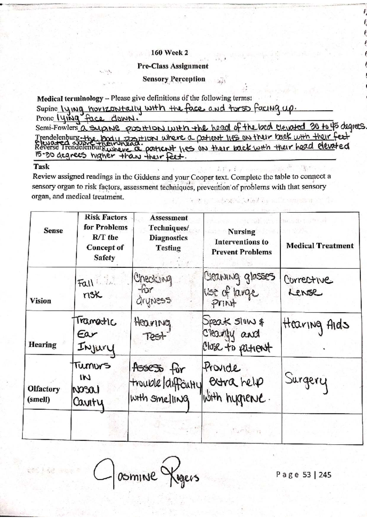 NUR 160 Week 2 PCA: Sensory Perception and Patient Assessment Notes ...